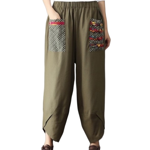 WOMEN’S Retro Ethnic Style Patchwork Elastic Waist Loose Wide Leg Linen Pants! - Picture 6 of 6